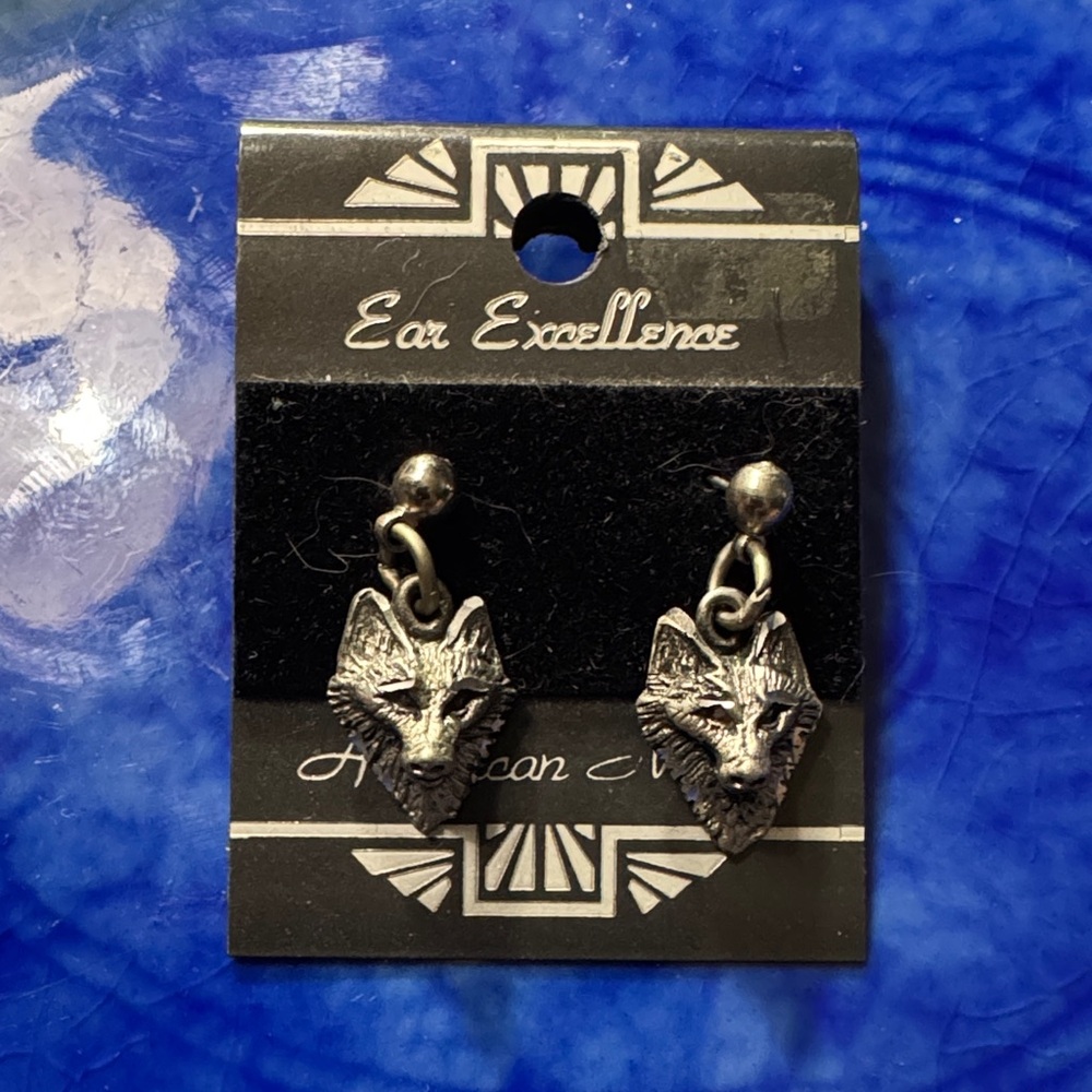 Vintage EJC Pewter Wolf head Earrings